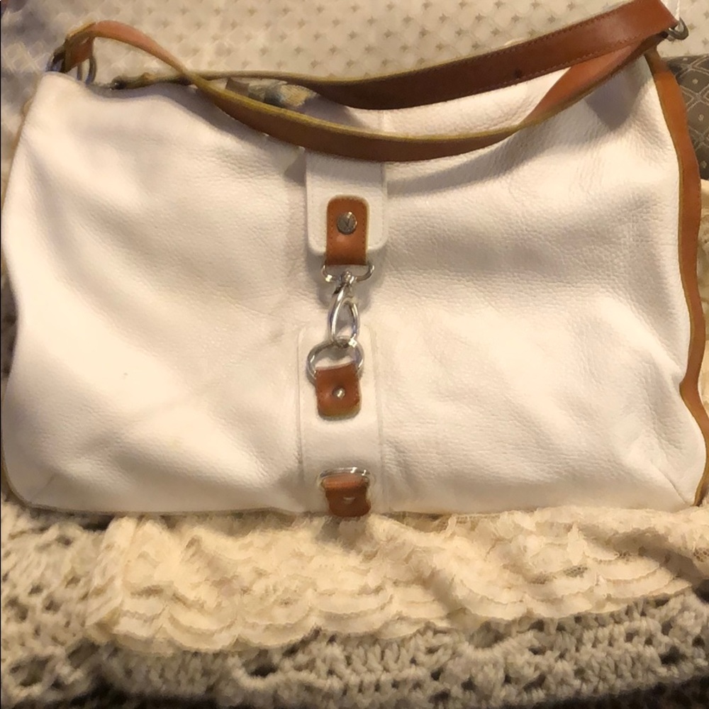 Valentina large white & tan pebble leather hobo